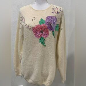 Vintage Worthington Size M Ivory Sequined Floral Pullover Sweater Silk Angora